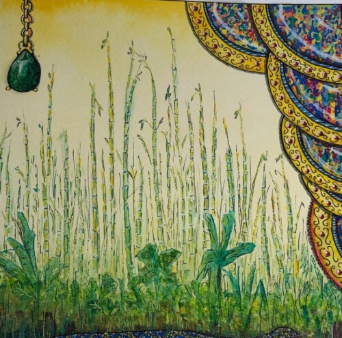 Esmeralda colgante, ópalos y una serpiente entre bambús