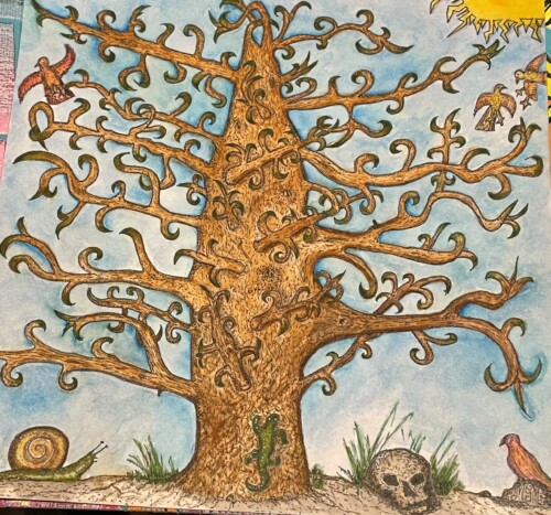 Un caracol, un árbol, una calavera y un pájaro cualquiera